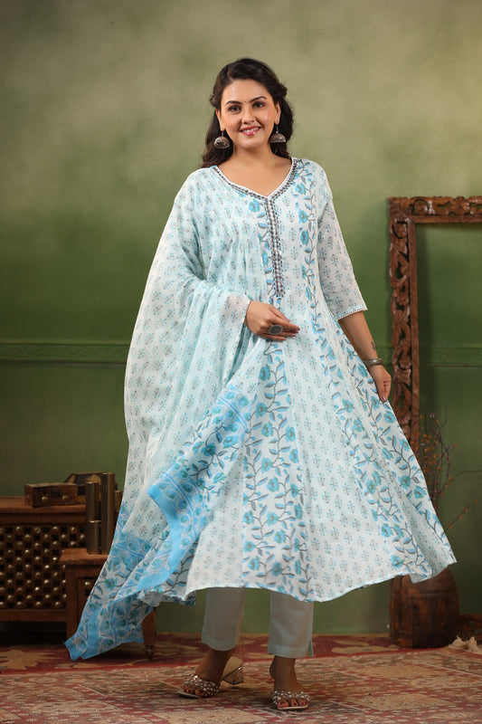 Khaab Paled Turqucise cotton anarkali suit with dupatta