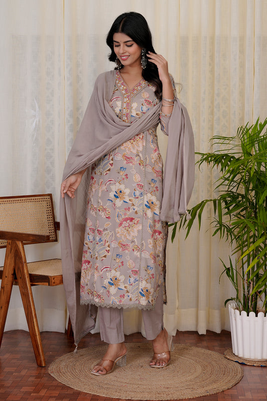 Noor-e-Gul Gray straight kurti set with dupatta