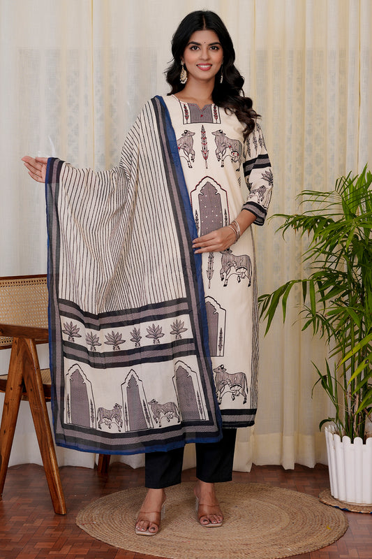 Midnight Cream straight kurta set with dupatta