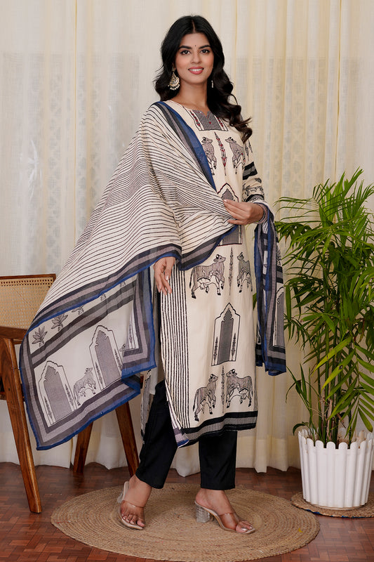 Midnight Cream straight kurta set with dupatta