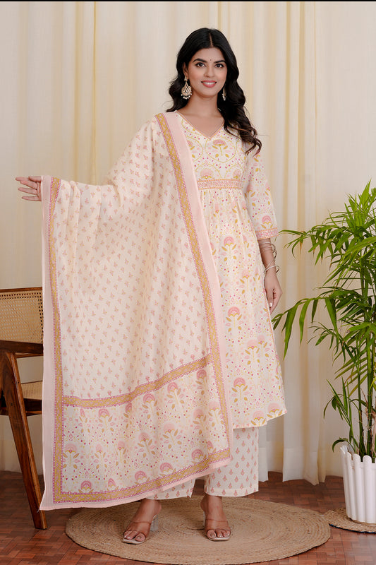 Blush  Off White cotton anarkali suits