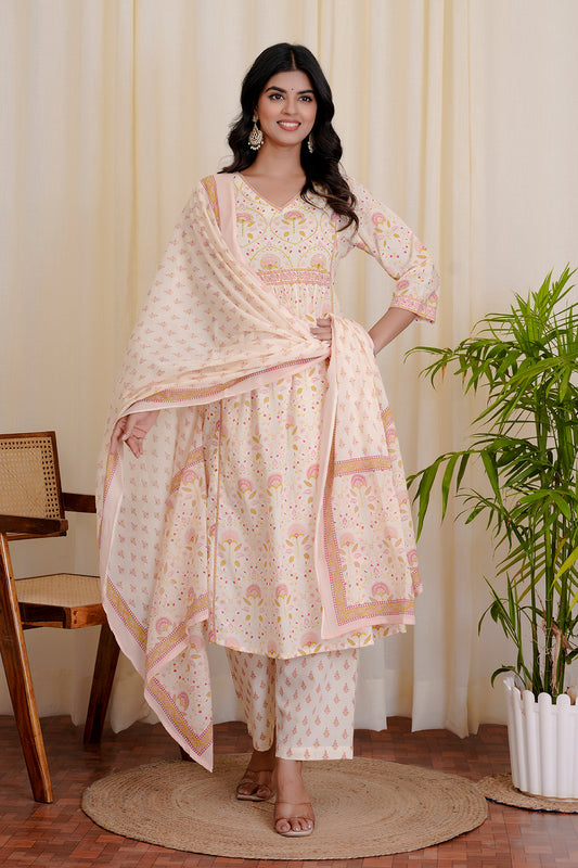 Blush  Off White cotton anarkali suits