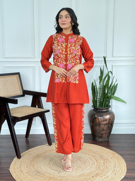 Mul-Chanderi Co-ord Set with Handcrafted Kashmiri Embroidery