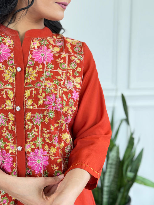 Mul-Chanderi Co-ord Set with Handcrafted Kashmiri Embroidery