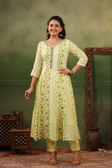 Khaab Lemon Yellow pure cotton anarkali suit