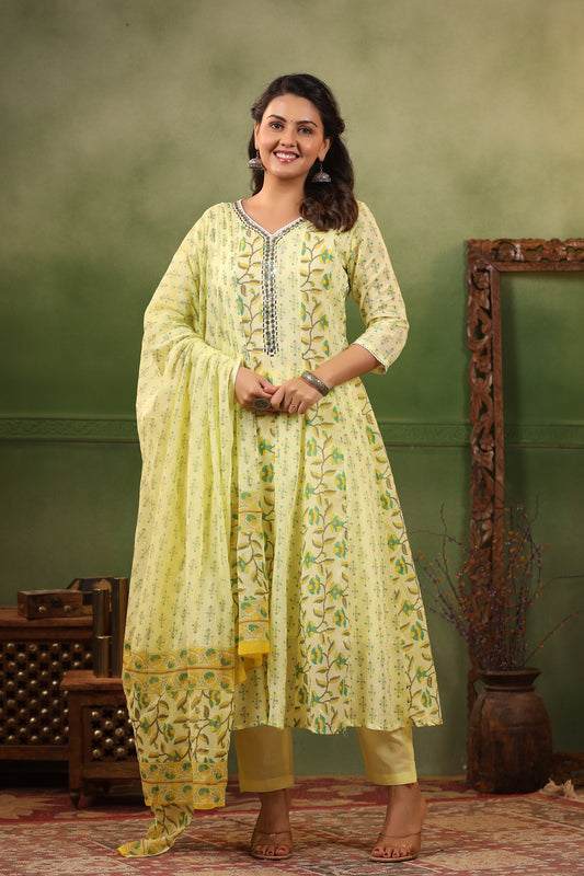 Khaab Lemon Yellow pure cotton anarkali suit