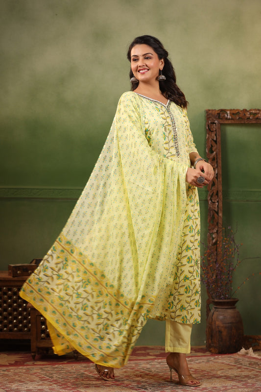 Khaab Lemon Yellow pure cotton anarkali suit