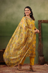 Gul Medallion Yellow Cotton Kurti Set