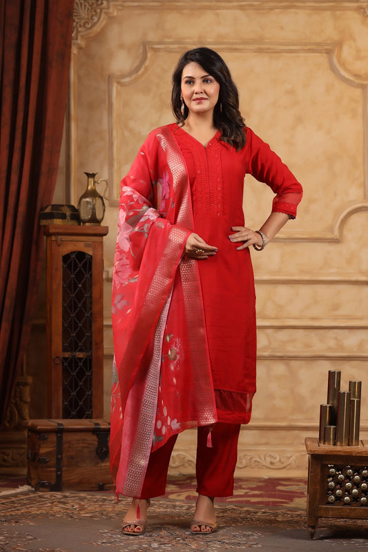 Kumkum Rose Red kurta with straight pants