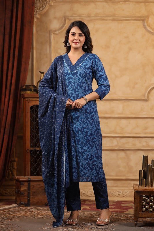 Meher Denim Blue Cotton Suit set