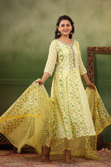 Khaab Lemon Yellow pure cotton anarkali suit