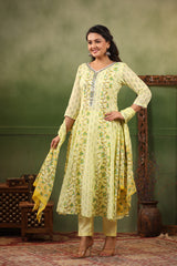 Khaab Lemon Yellow pure cotton anarkali suit