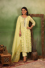 Khaab Lemon Yellow pure cotton anarkali suit