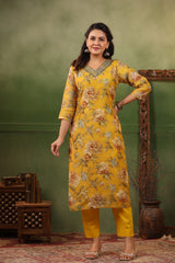 Gul Medallion Yellow Cotton Kurti Set