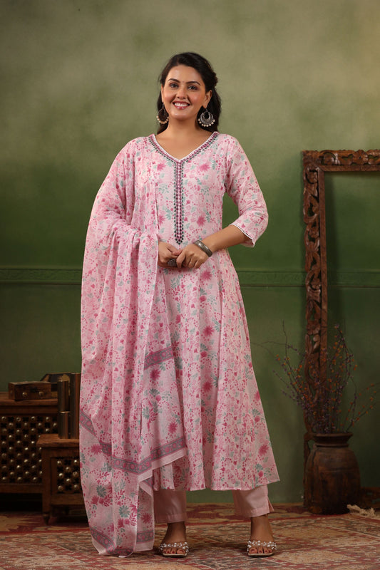 Khaab Light Hot Pink floral cotton anarkali suit