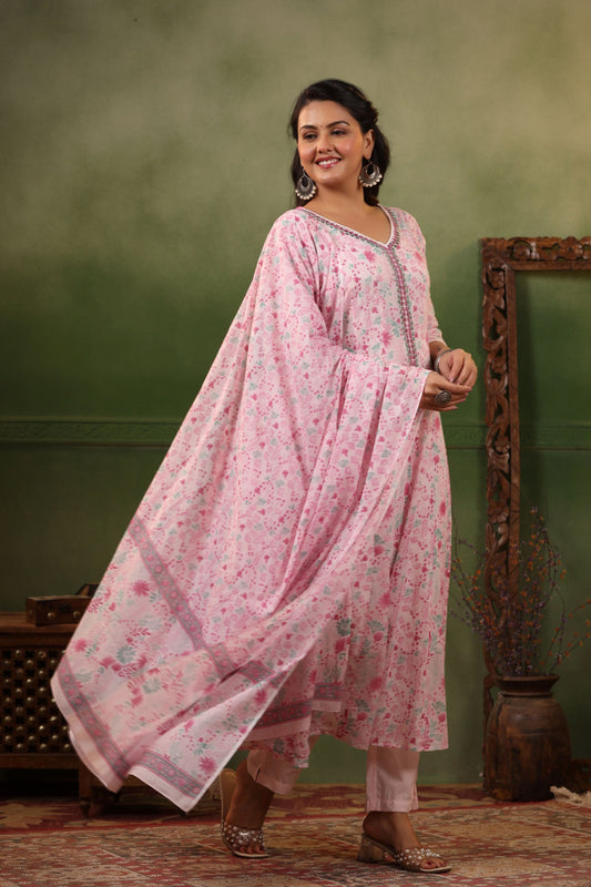 Khaab Light Hot Pink floral cotton anarkali suit