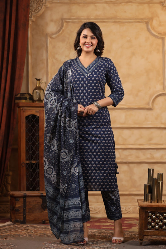 Chhaap blue cotton straight suit