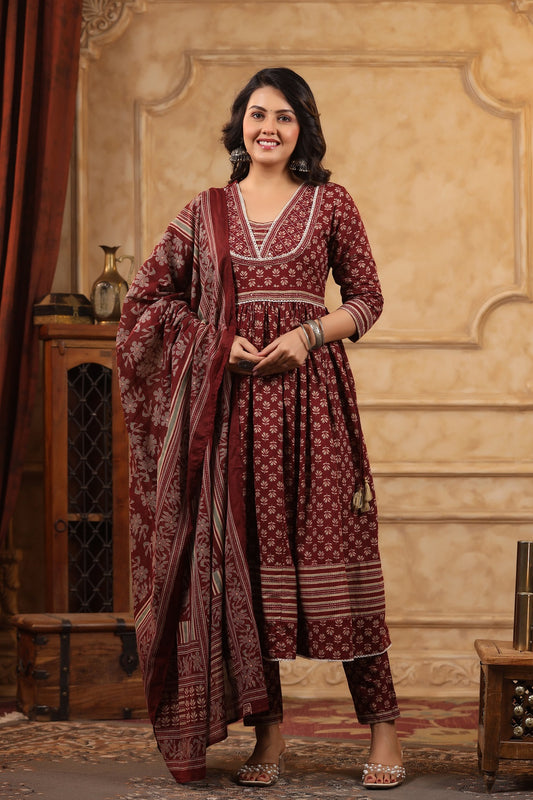 Roop Maroon Cotton Anarkali Suit Set