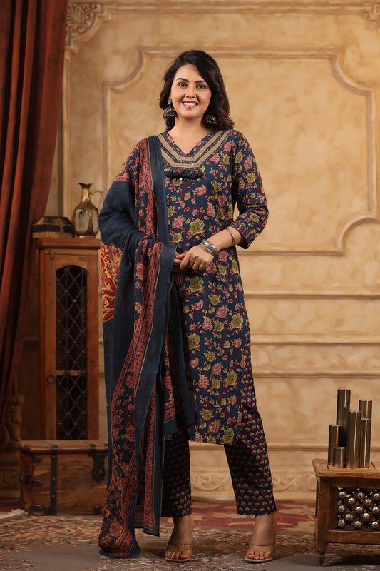 Gul Navy Blue straight suit set with dupatta