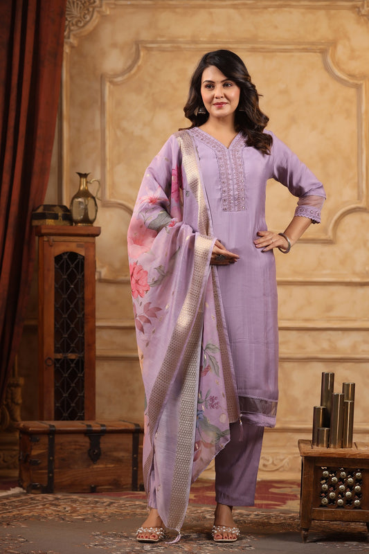 Kumkum Thistle Purple Straight pant kurti set