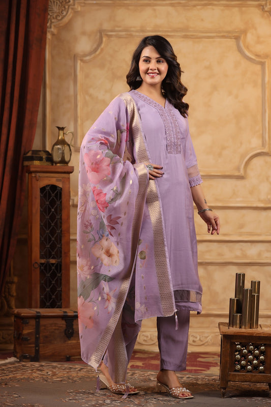 Kumkum Thistle Purple Straight pant kurti set