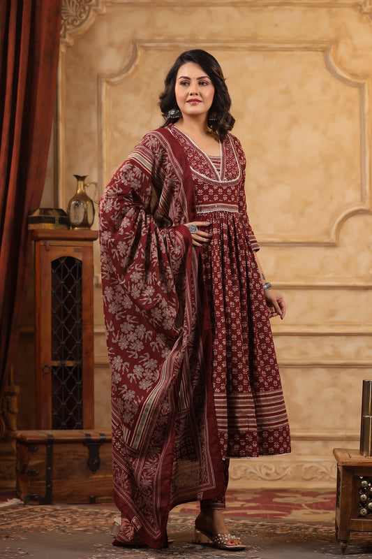 Roop Maroon Cotton Anarkali Suit Set