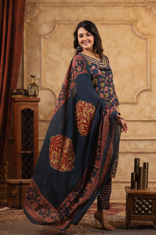 Gul Navy Blue straight suit set with dupatta