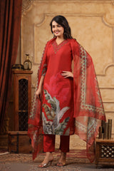 Myra Chili Red 3 piece Suit For Women