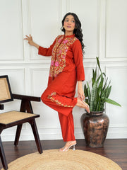 Mul-Chanderi Co-ord Set with Handcrafted Kashmiri Embroidery
