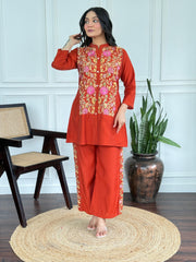 Mul-Chanderi Co-ord Set with Handcrafted Kashmiri Embroidery